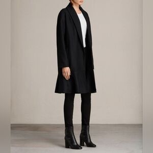 Allsaints Grace Coat Wool Ruffle Hem Long Overcoat Jacket Black size XS